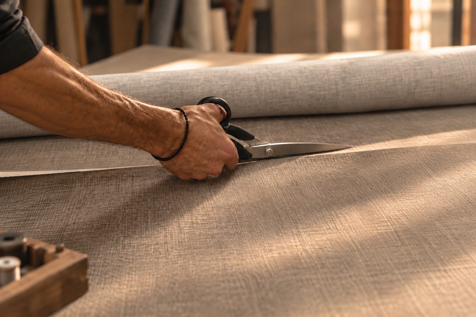 Cutting fabric in the DAFI workshop